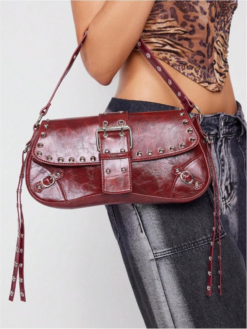 Mini Goth Punk Shoulder Bag - Y2K Leather Purse with Studded Detail, Stylish - Picture 2 of 7